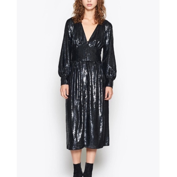JOIE Kyria B Sequin Midi Dress In Black Caviar size 0 - Picture 2 of 9